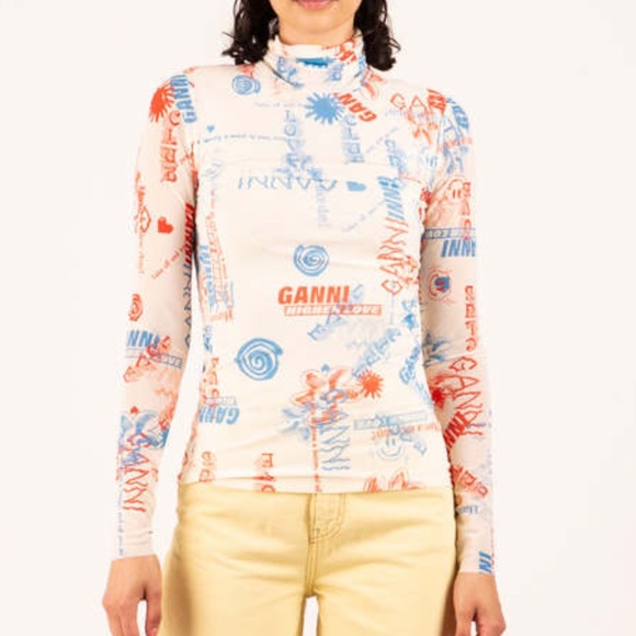 Ganni Tops - Ganni Egret Mesh Sheer Printed Top